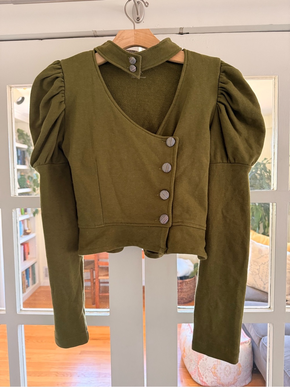 Olive Puff-Sleeve Button Front Crop Jacket
